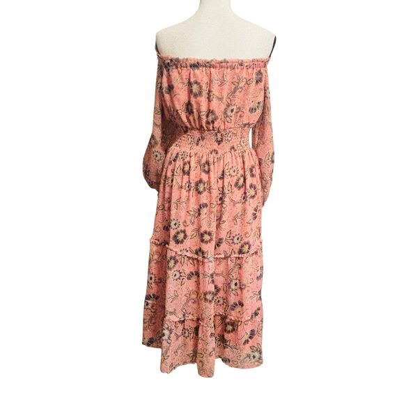 Patrons of Peace OTS Fresco Dress Sz Large Peach Floral Tiered Skirt - Picture 2 of 12